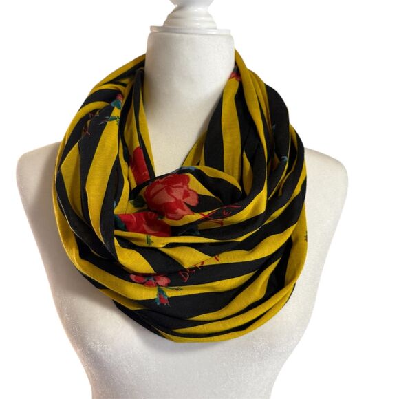 Betsy Johnson Infinity Scarf Yellow & Black Stripes with Red Flowers - Picture 1 of 10